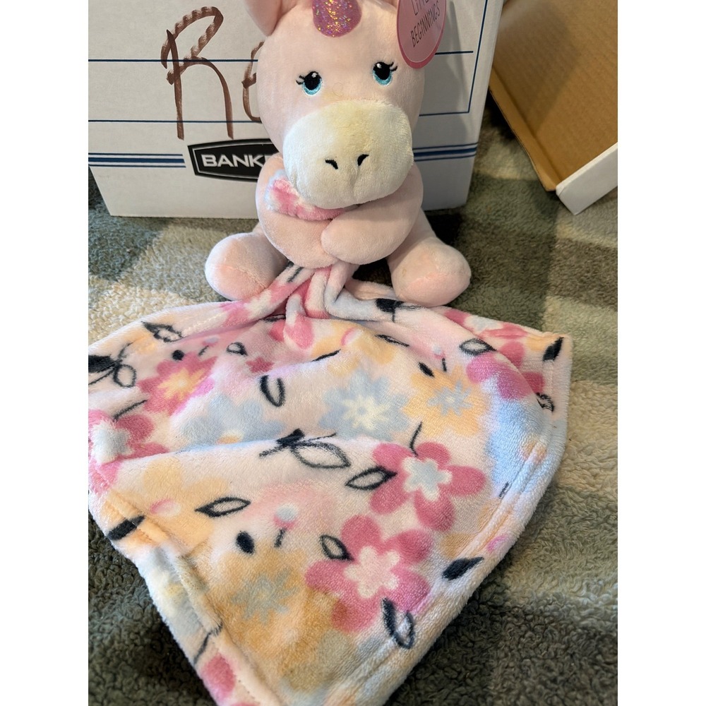 Little Beginnings Pink Unicorn Plush Lovey Security Blanket Floral Fleece New